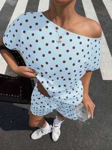 Conjunto de dos piezas de camisa de manga corta asimétrica con estampado de luna y pantalones cortos para mujer de , ideal para vacaciones casuales de verano. - Azul - Ver 4