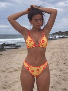 Women's Yellow Red Floral Bikini Contrast Stitch Trim Halter Triangle Top High Cut Bottom Beach Swimwear - Multicolor - View 1