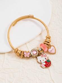 1pc Fashionable Cute Cat Bracelet Beaded Open Bangle Pendant Jewelry - 01 - View 2
