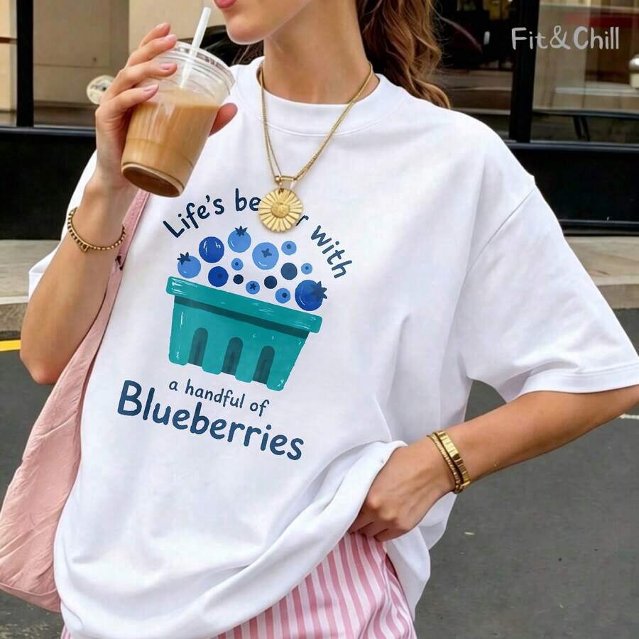 Women's T-Shirt Blueberry Basket With Text Design Short Sleeve Crew Neck Casua Suitable For Spring And Summer - White - View 1