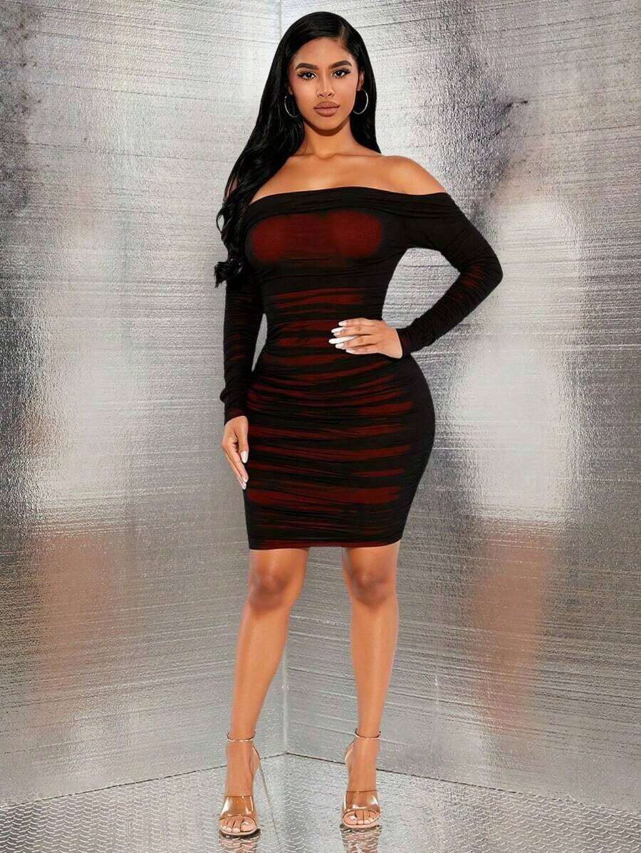 asdSHEIN  Vestido de hombros descubiertos de malla para mujerasd 021S - Burdeos - Ver 1
