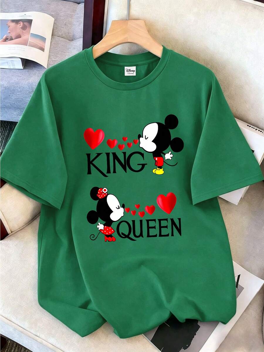 Disney 男款休閒T恤,印有可愛米奇與米妮鼠及愛心圖案,適合戶外穿著,男士夏季上衣 - 綠色 - 查看 1