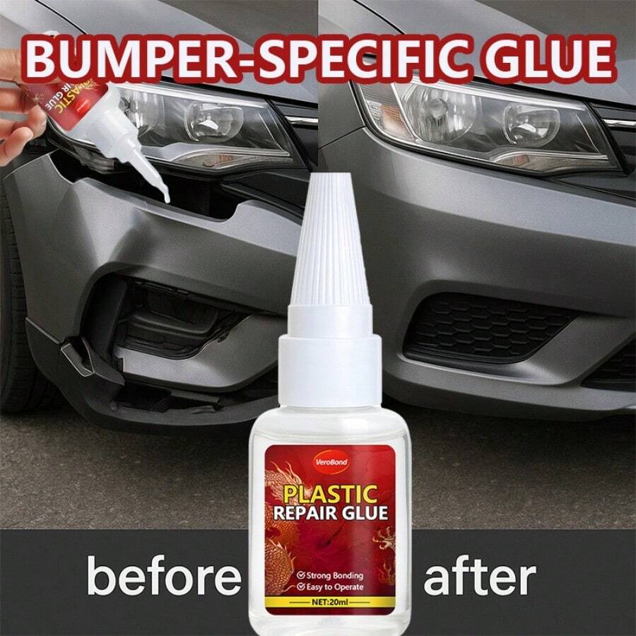 Adesivo de alta resistência para reparo de plásticos de para-choques automotivos - Forte agente de ligação estrutural, sem necessidade de soldagem para reparar rachaduras, fragmentos e danos por impacto. Cura rápida. Adequado para para-choques, bases de retrovisores, portas, janelas, tetos, carrocerias externas, acabamentos e vedações plásticas. Ideal para reparos "faça você mesmo". Impermeável e resistente ao calor e ao frio. Recomendado por técnicos de estética automotiva. - 20ml - Ver 1