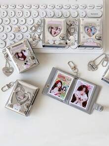 Y2K Silver Mini Photo Album Keychain Cute Heart Hollow 2 Inch Photo Book Keyring Car Keychain Portable Photo Holder Pendant Bag Charm Gifts - Multicolor - View 3