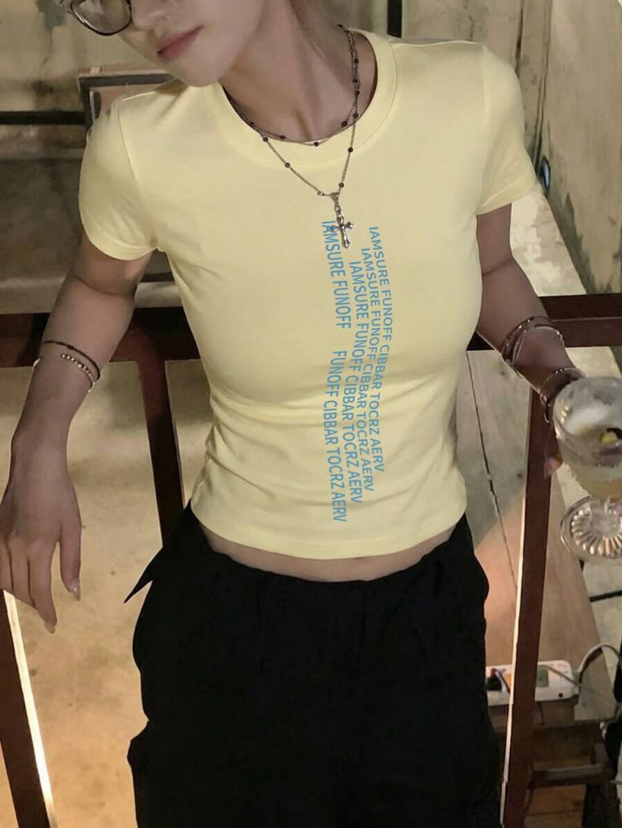 女款圓領短袖T恤,夏季新款字母印花,美式辣妹風,時尚休閒百搭修身短版上衣,黃色 - 黃色 - 查看 1