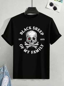 Camiseta de hombre con estampado de calavera, algodón suave, corte cómodo, estilo casual, estampado llamativo, nueva llegada - Negro - Ver 2