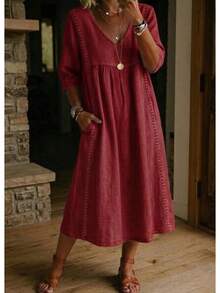 2026 New Casual Loose V-Neck Linen-Cotton Dress With Lace Trim - Yellow - View 7