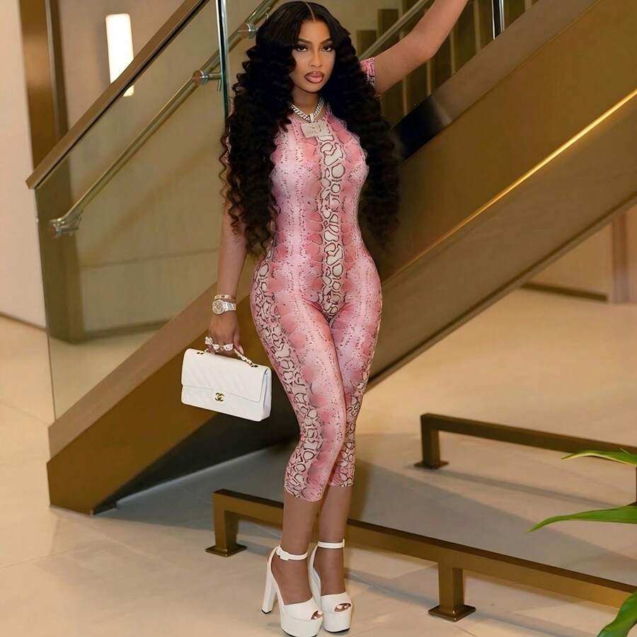 Snake Skin Print Round Neck Backless Elastic Bodycon Jumpsuit, Spring/Summer Pink - Pink - View 1