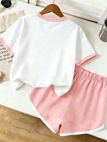 Girls' 2pcs Outfit, "Summer Vibes" Pink Hibiscus Graphic White Ringer Tee & Pink Contrast Trim Shorts Set, Sweet Summer Wear - White - View 2