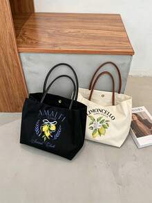 Vibrant Lemon Pattern Printed Tote Bag, Reusable Printed Women's Tote Bag, Double Handle Shopping Book Bag, Large Capacity Shoulder Bag, Casual Commute - Multicolor - View 2