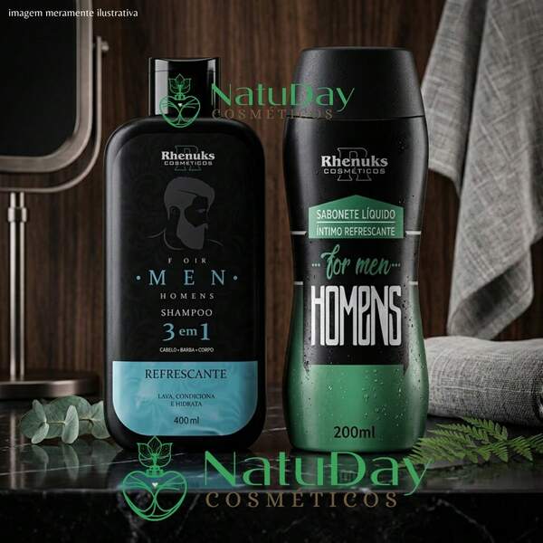 KIT For Men com Shampoo 3 em 1 c/ 400 ml  para cabelo barba e corpo + Sabonete Intimo 200 ml -   Rhenuks Homem
