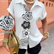 MewMuse. Flora Isola Flora Isola Camisa casual de vacaciones con bordado floral 3D para mujer, primavera/verano - Blanco - Ver 1