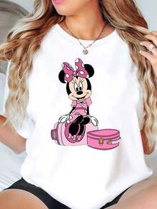 Minnie Mouse With Pink Suitcase And Bow Print Disney Women T Shirt Round Neck Short Sleeve Casual Daily Wear For Spring Summer Soft Comfortable 220g - trắng - Xem 1