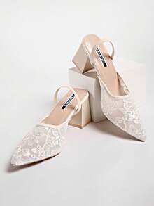 New Chinese Style White High Heel Mules, Pointed Toe Lace Embroidery Convertible Sandals For Women - White - View 6