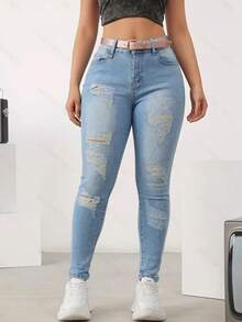 Jeans ajustados elásticos con roturas estilo casual juvenil - azul claro - Ver 2