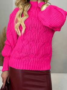 Blusa de Lã Gola Alta Trança Tricot Suéter Feminino Inverno - Pink - Visão 3