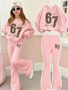Daily Versatile Girls' Sweatshirt & Long Pants 2-Piece Set, Suitable For Spring And Autumn, Sweet American Style Girls' Clothing, Perfect For School, Vacation, Shopping, Sports And Various Occasions. - Pink - View 1