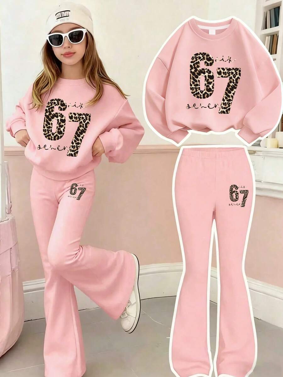 Daily Versatile Girls' Sweatshirt & Long Pants 2-Piece Set, Suitable For Spring And Autumn, Sweet American Style Girls' Clothing, Perfect For School, Vacation, Shopping, Sports And Various Occasions. - Pink - View 1