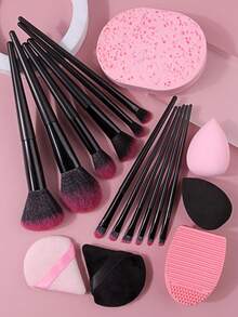 18PCS Professional Makeup Kit,Makeup&Cleaning Tools,Black&Pink Brushes With Beauty Tools,Complete Set For Foundation,Eyeshadow,Blush&Daily Skincare,All-In-One Kit - Black - View 3