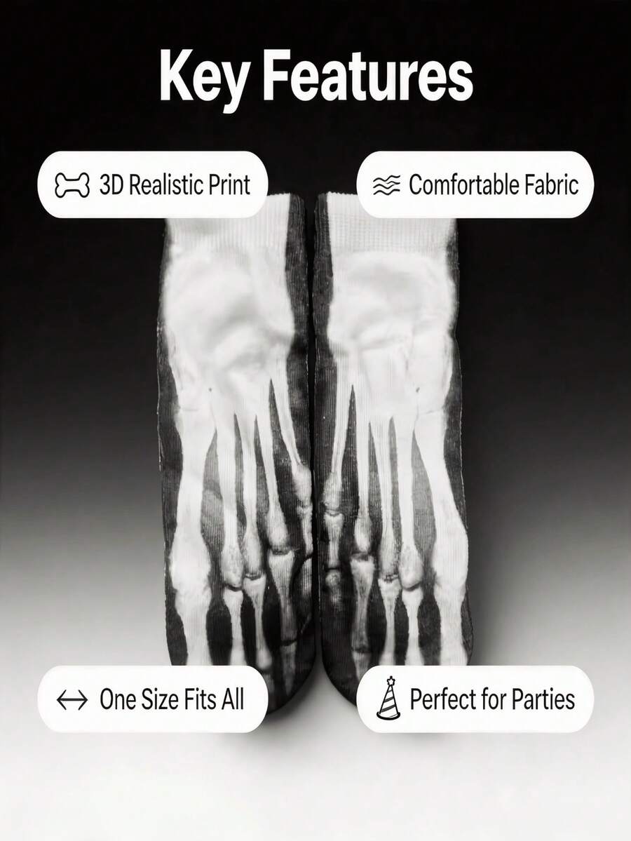 1/4 par de calcetines con impresión de esqueleto de rayos X en 3D, estilo callejero personalizado, versátiles para fiestas y uso diario - Multicolor - Ver 1