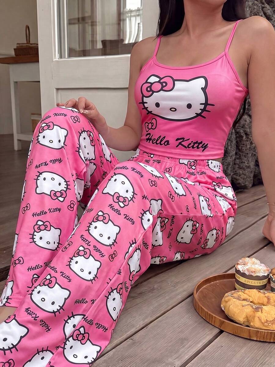 SANRIO Girl Heart Hello Kitty Print Camisole + Long Pants Loungewear Set, Soft And Stretchy Fabric, Comfortable Two Pieces Set Suitable For Home Sleep / Casual Relaxation / Light Outings - Hot Pink - View 1