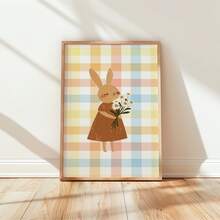 1pc Frameless Cozy Cartoon Bunny Colorful Plaid Wall Art - Playroom, Cute Animal Poster For Bedroom Dorm Home Office Classroom, Apartment Bedroom Wall Art, Party Decor & Best Gift Choice, Room Decor Bedroom, Decoration, Prints For Wall, Posters, Vintage Decor - Cartoon - View 1