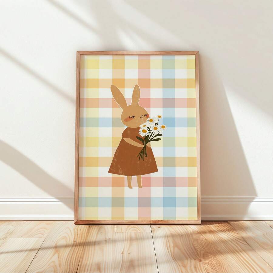1pc Frameless Cozy Cartoon Bunny Colorful Plaid Wall Art - Playroom, Cute Animal Poster For Bedroom Dorm Home Office Classroom, Apartment Bedroom Wall Art, Party Decor & Best Gift Choice, Room Decor Bedroom, Decoration, Prints For Wall, Posters, Vintage Decor - Cartoon - View 1