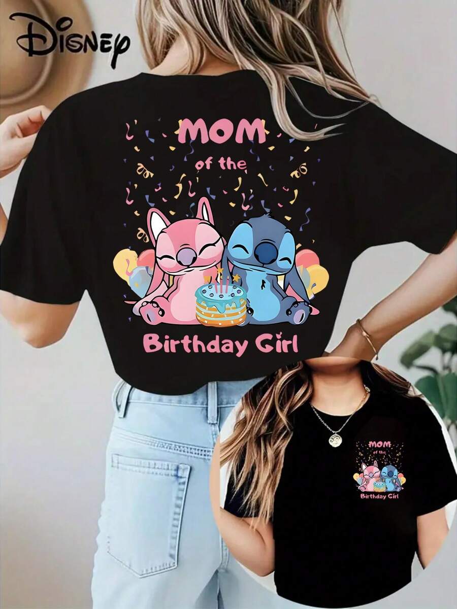 Genuine Licensed Birthday Celebration Stitch And Angel Printed Soft And Skin, Disney Cotton T-Shirt - 黑色 - 查看 1