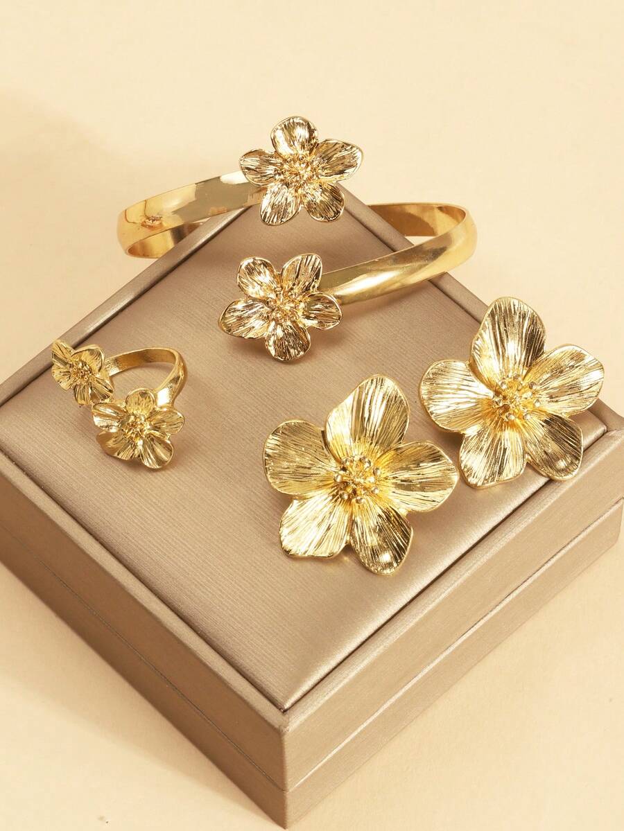 3pcs/Set Summer Floral Bracelet, Earrings, Armband Jewelry Set, Adjustable Opening Design - Gold - View 1