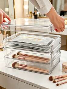 1pc/2pcs Makeup Storage Box, Face Mask Storage Box, Dustproof Waterproof Covered Skincare, Makeup Brushes, Eyebrow Pencils Storage Box, Perfume Organizer, Suitable For Refrigerator Storage, Accessory & Hair Accessory Storage, Kitchen Tool Organization, School Supplies Display Rack - Transparent - View 4