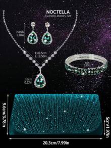 4件組閃亮水晶飾品套裝，包含水晶褶皺手拿包、水晶吊墜項鍊、耳環與手鍊，適合派對、晚宴、聚會與舞會，奢華時尚女款新品 - 薄荷藍 - 查看 3