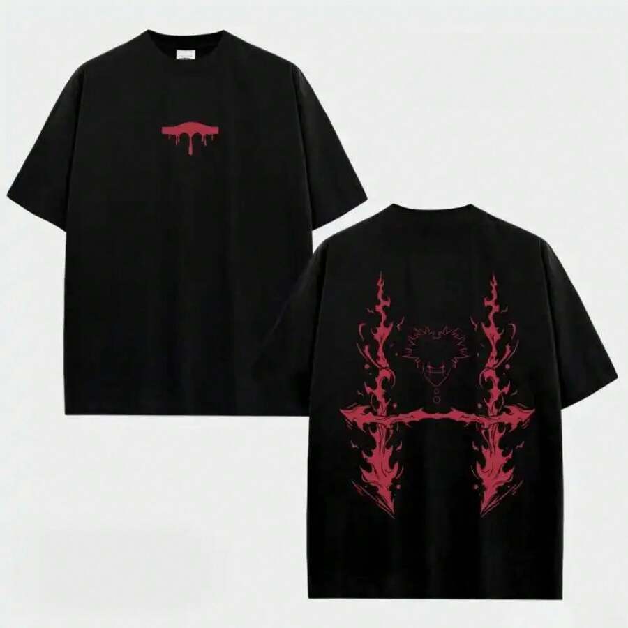 Camiseta de Sukuna de | Estilo Grunge y Hip Hop | Tela de algodón 100%, suave y transpirable. A006 Diseño de Letra H de Fuego en la Espalda | A006 Ropa de Anime Japonés para Fans | Calidad Premium y Única - Negro - Ver 1
