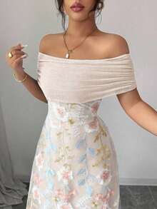Vestido de verano minimalista y sexy con hombros descubiertos, bordado, parches de malla y volantes de punto de poliéster para mujer - Albaricoque - Ver 4