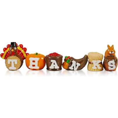 Bbiamsleep Thanksgiving Pumpkin Turkey Tabletop Centerpiece, Set Of 6 Fall Resin Hand-Painted Turkey Pumpkin Figurines With Engraved Thanks Thanksgiving Autumn Fall Harvest Table Decor