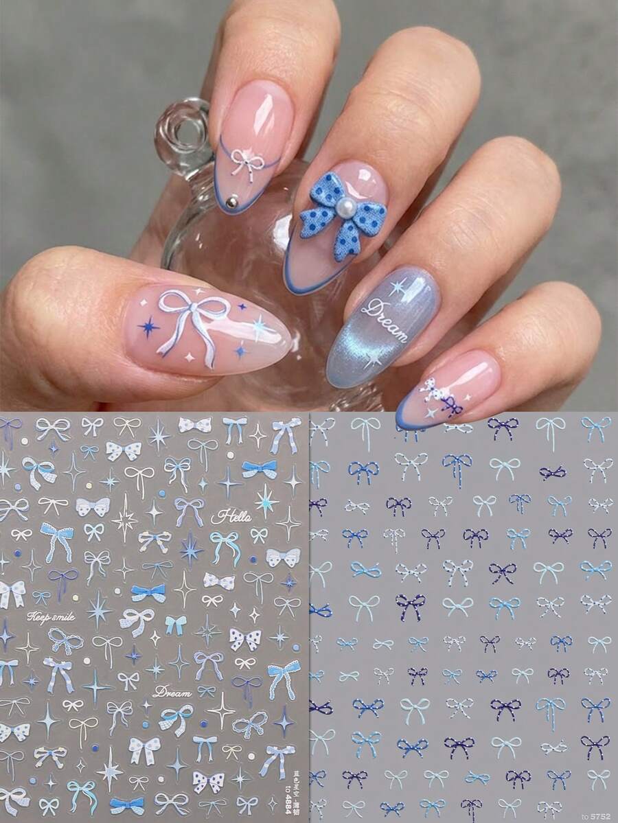 2件組韓日風可愛極光藍美甲貼紙 - 5D浮雕絲帶蝴蝶結四角星美甲貼花 - 音樂節 / 畢業 / 夏季假期芭蕾風DIY美甲裝飾