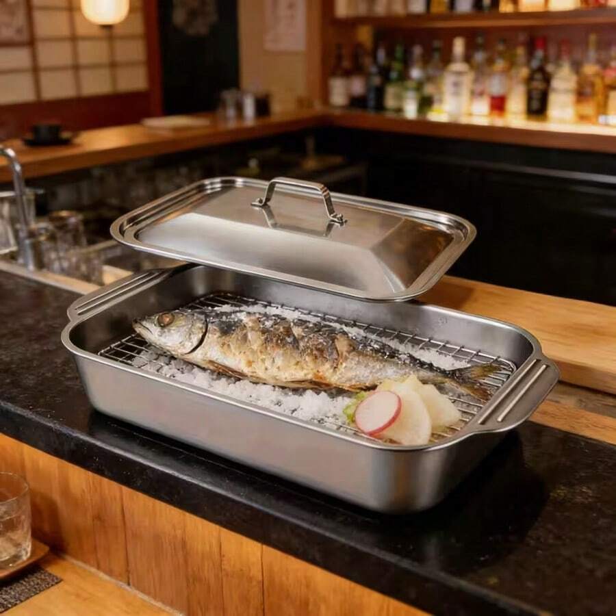 2-Piece Set: 1 Deep Pot + 1 Stainless Steel Rectangular Baking Pan With Handle Lid - Large Durable Stainless Steel Baking Pan - Thickened Rectangular Baking Pan, Perfect For Grilling, Ideal For Outdoor BBQ, Camping And Oven Cooking - Great Choice For Holiday Gatherings