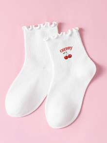 1/5/10 Girls' Ruffled Cherry Letter Mid-Calf Breathable White Sweet Student Everyday Versatile Children's Socks - Multicolor - View 2