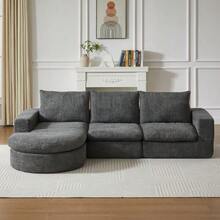Chenille Sofa With Curved Elements And Chaise Longue, Fully Compressed And Frameless, Modular Corner Sofa With L-Shaped Chaise Longue, Compressed Foam Sofa, No Assembly Required - 灰色 - 查看 9