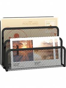 1pc Black Metal Mesh Desktop Letter Organizer, Small File Folder Organizer, With 3 Vertical Compartments Bookstand, Suitable For Classroom And Office Document Organization - Black - View 4