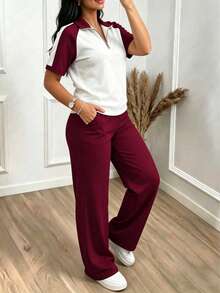 Women's New Spring/Summer Collared Half-Zip Sporty Contrast Color Short Sleeve Top And Elastic Waist Loose Solid Color Pants 2-Piece Set, Suitable For Outdoor Sports, Workout, Casual Commute, Street Wear In Spring And Summer - Wine Red 29 + Off-white - View 2