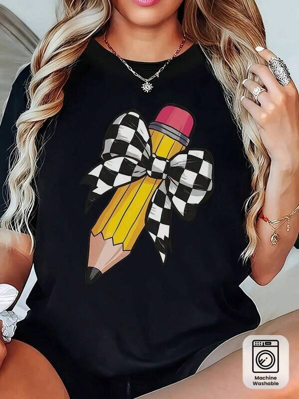 New! Women's Teacher T-Shirt - Soft Breathable Black Crew Neck Top With Yellow Pencil Print & Checkered Bow Tie Design - Casual Short Sleeve Shirt For Teachers, Moms - Back To Outfit, Daily Educational Wear, Machine Washable, All-Season Comfort FitFunny Graphic Tee Beach Party,Surfing,Picni,Gift,Airport Outfittween Girl Clothes Tops Kids Clothes Summer Cotton T Shirt Men Polo Shirt Men Shirt Holiday Outfits For Women Festival Outfits Women