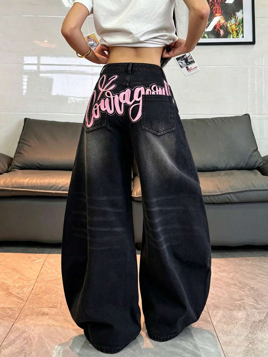 1件美式街頭風刺繡女款繭型寬腿鬆身長褲 全季牛仔褲(不含腰帶/配件)黑色休閒秋季 - 黑色 - 查看 1