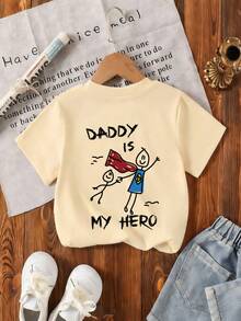 小男孩 DADDY IS MY HERO 印花 T 恤，舒適面料，適合戶外、日常、校園穿著，春夏百搭上衣 - 杏色 - 查看 4