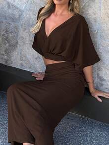 女款純色兩件套優雅休閒V領蝙蝠袖中袖上衣與長裙套裝 - 棕色 - 查看 2