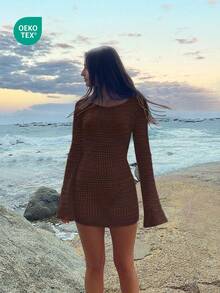 Women's Solid Color Sexy Hollow-Out Backless Sheer Beach Vacation Knit Long Sleeve Cover-Up Mini Dress, Spring/Summer, Resort Wear - Chocolate Brown - View 4