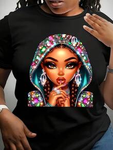 Camiseta de Mujer Talla Grande con Estampado de Sombrero y Piedras Brillantes - Manga Corta y Cuello Redondo - Ligera y Transpirable para Primavera/Verano - Negro - Ver 1