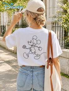 Women's Disney Casual T-Shirt, Featuring Simple Lines And A Mickey Mouse Print On The Back, A Minimalist Retro Style, Comfortable And Soft Fabric, Understated Yet Stylish And Versatile, Perfect For Theme Park Visits And Everyday Casual Wear. - White - View 1