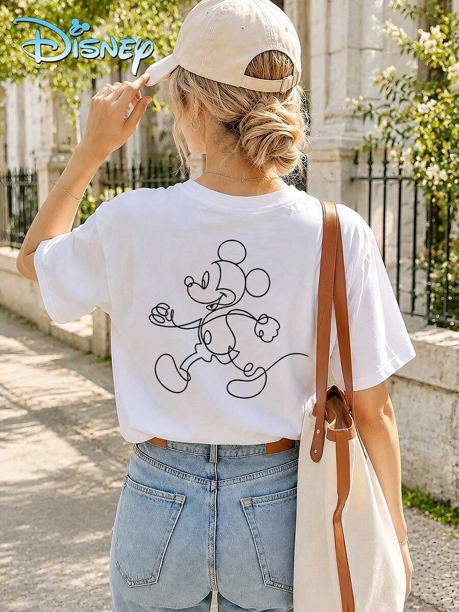 Women's Disney Casual T-Shirt, Featuring Simple Lines And A Mickey Mouse Print On The Back, A Minimalist Retro Style, Comfortable And Soft Fabric, Understated Yet Stylish And Versatile, Perfect For Theme Park Visits And Everyday Casual Wear. - White - View 1
