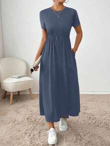 Vestido midi con cordón en la cintura, bolsillo lateral, ropa de regreso a la escuela, ropa de mujer para otoño, atuendos de maestra, vestido de despedida de soltera, vestidos casuales de mujer, vestidos midi de mujer, vestidos de trabajo de mujer, vestidos de otoño para mujer, vestidos maxi de mujer, disfraz de Halloween, vestido casual de negocios, vestidos de verano para mujer - Azul marino - Ver 5