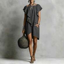 Women's Linen Blend Mini Dress, Boat Neck Ruffle Short Sleeve Asymmetrical Hem Shift Dress With Pockets, Casual Summer Outfit For Everyday & Vacation - 粉色 - 查看 6